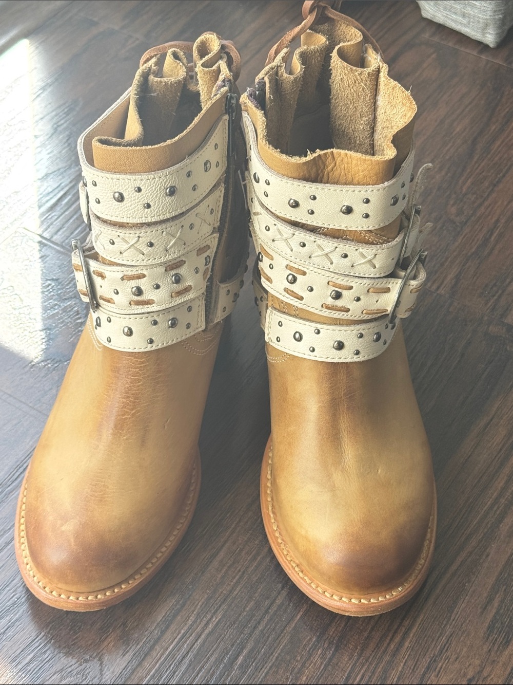 Freebird by Steven Tan and Cream Leather Ankle Boots with Studded Straps